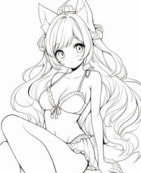 Adorable anime fox girl with long hair and tail in bikini line art coloring page from Anime Fox Girls Coloring Book Volume 1