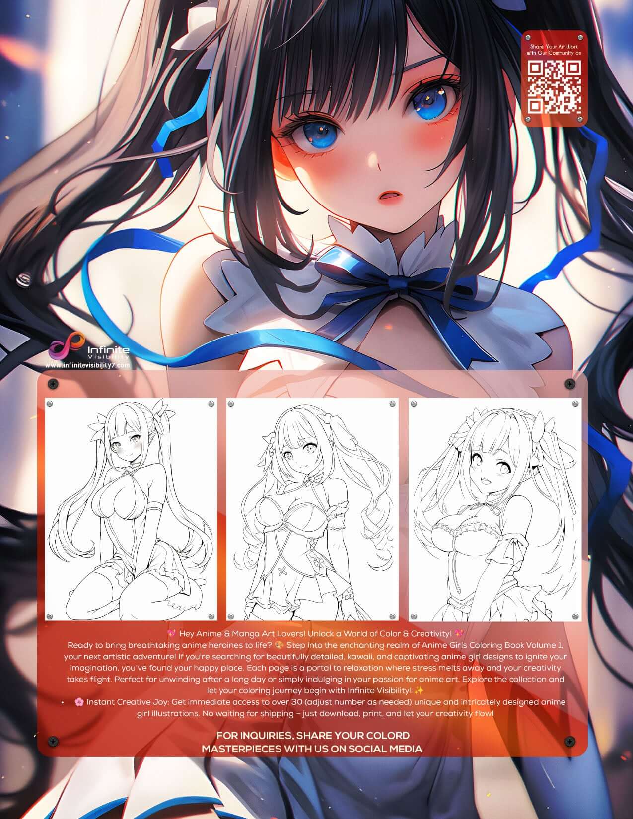 Printable Anime Girls Coloring Book Volume 1 PDF download featuring cute kawaii manga art character illustrations for adults and teens - Infinite Visibility