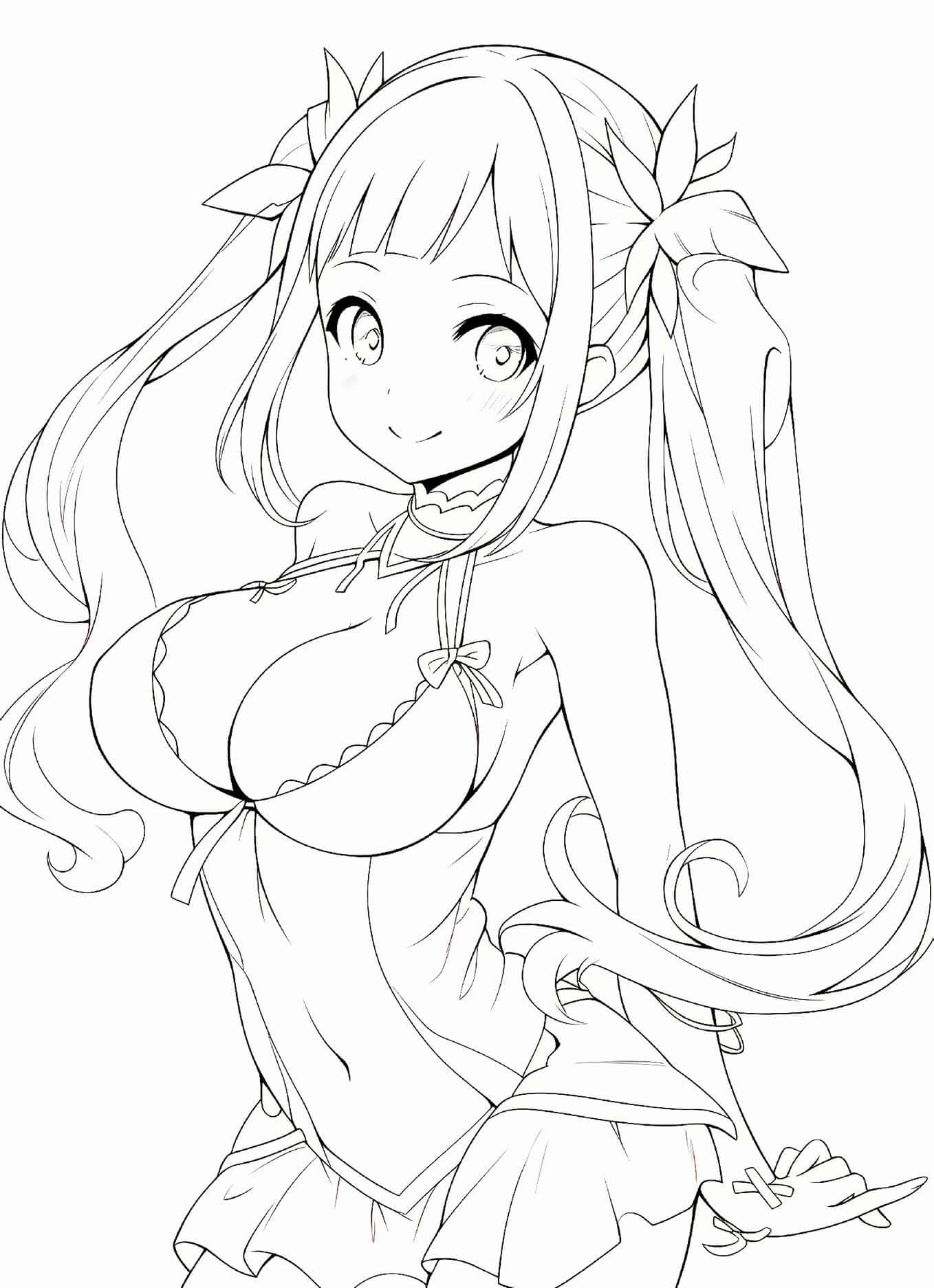 Cute anime girl with pigtails and blush line art coloring page from Anime Girls Coloring Book Volume 1