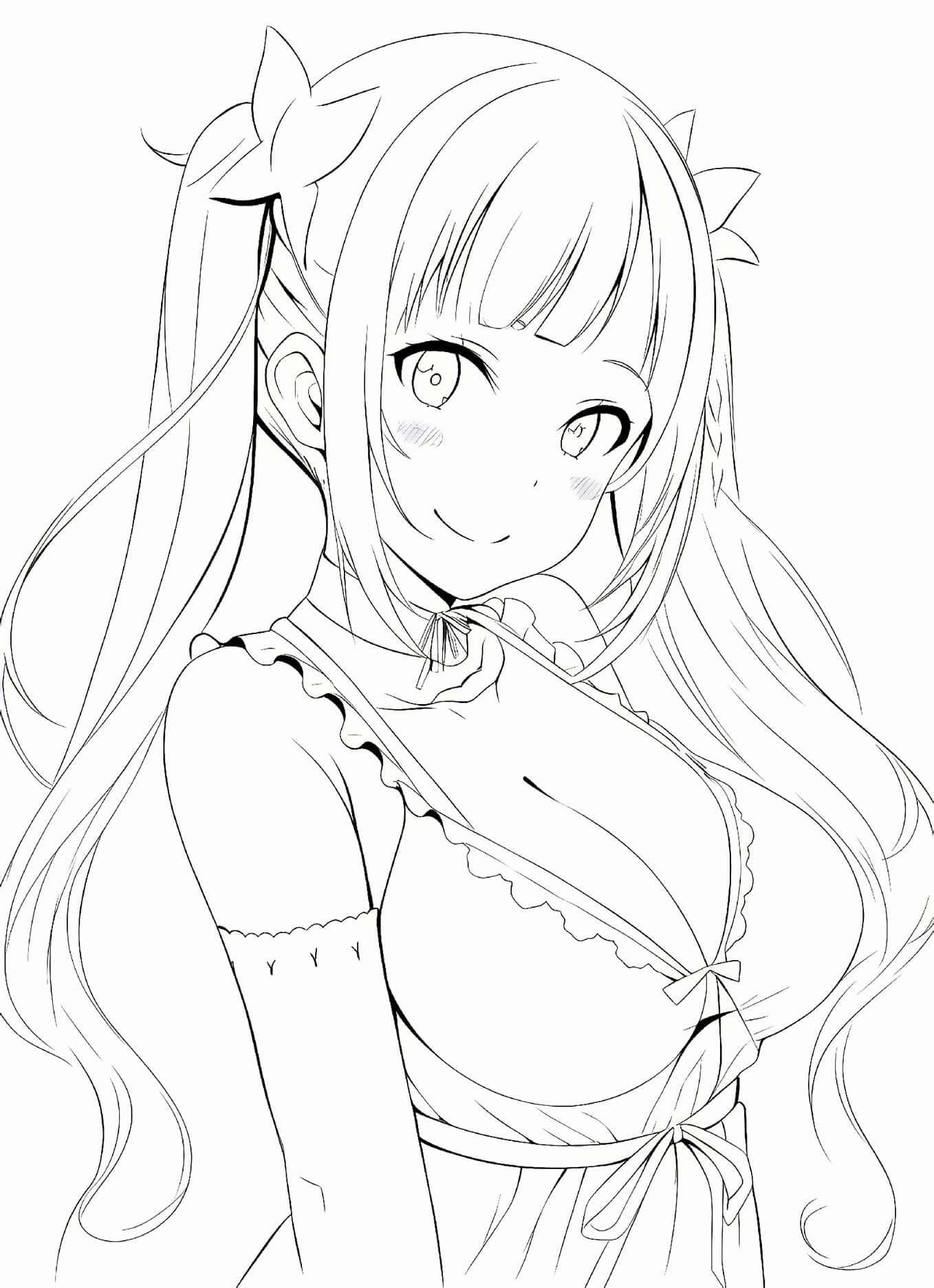 Anime girl looking over shoulder in cute outfit line art coloring page from Anime Girls Coloring Book Volume 1