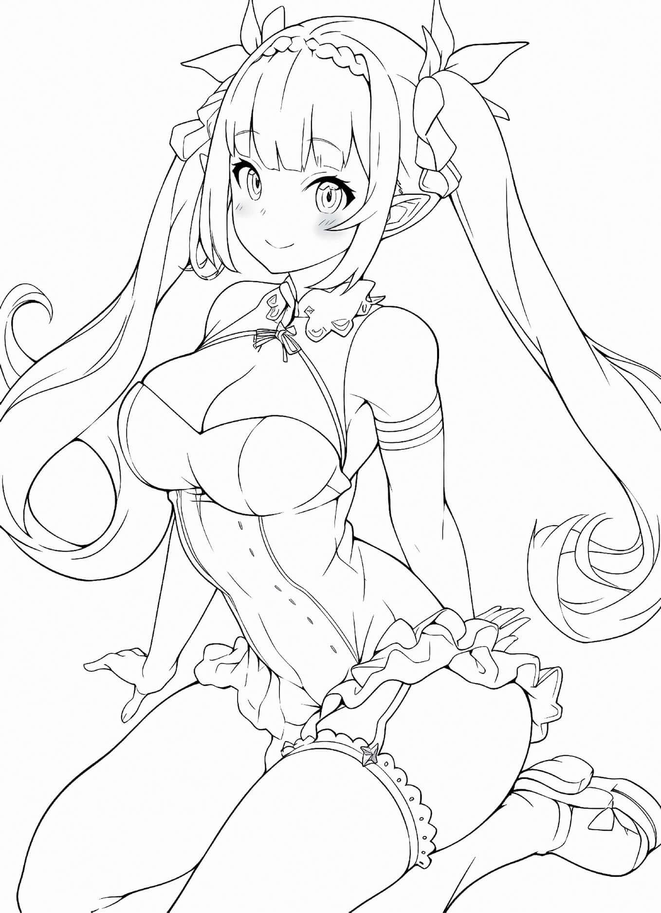 Seated elf-eared anime girl in lingerie with long hair line art coloring page from Anime Girls Coloring Book Volume 1
