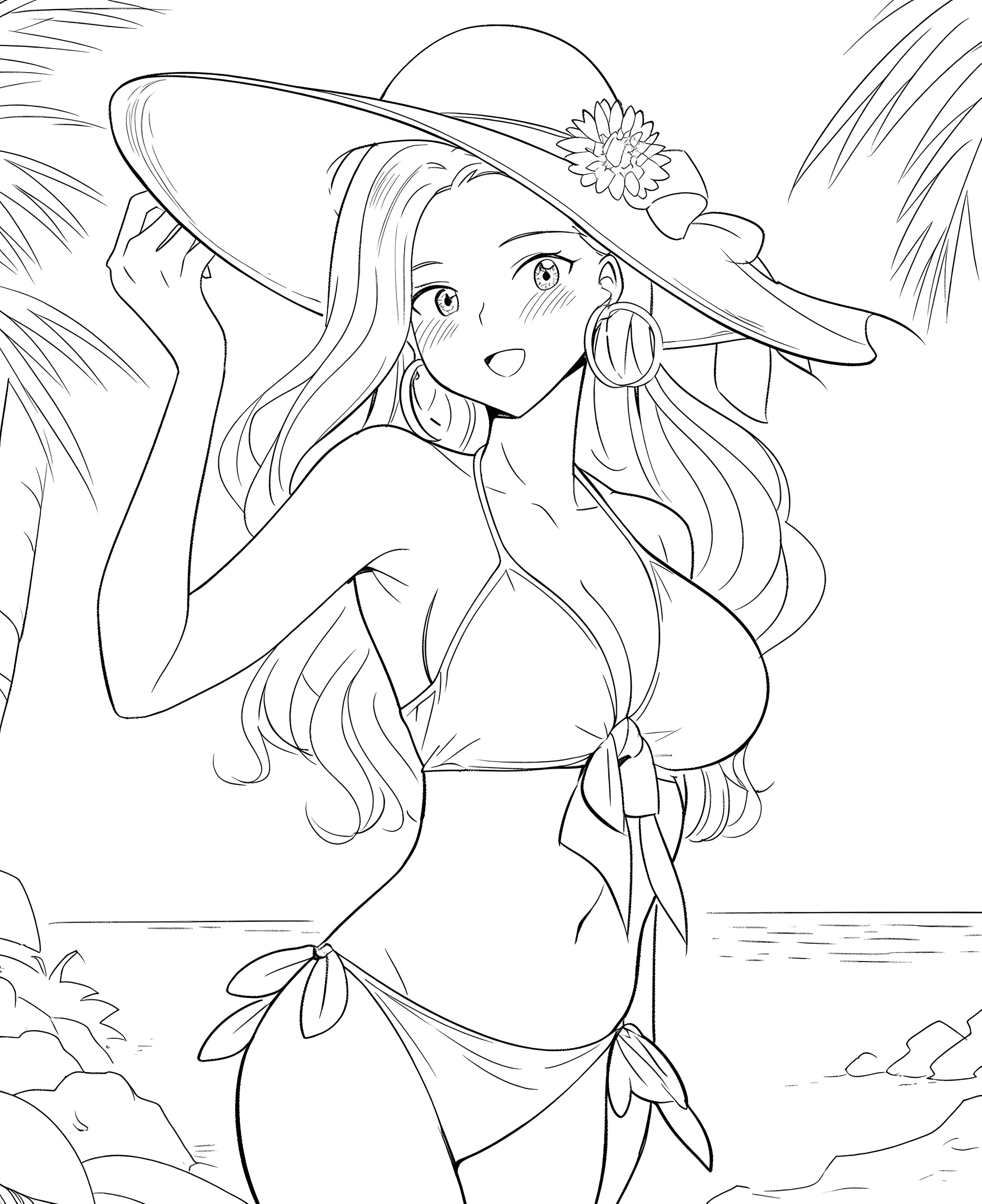 Anime Waifu Beach Party - Printable Coloring Pages for Adults | Infinite Visibility