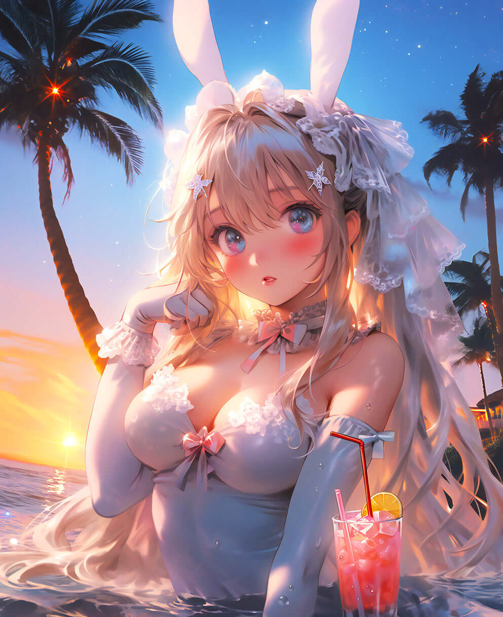 Anime Beach Bunny in a tropical sunset, enjoying a colorful drink by palm trees, dreamy digital artwork.