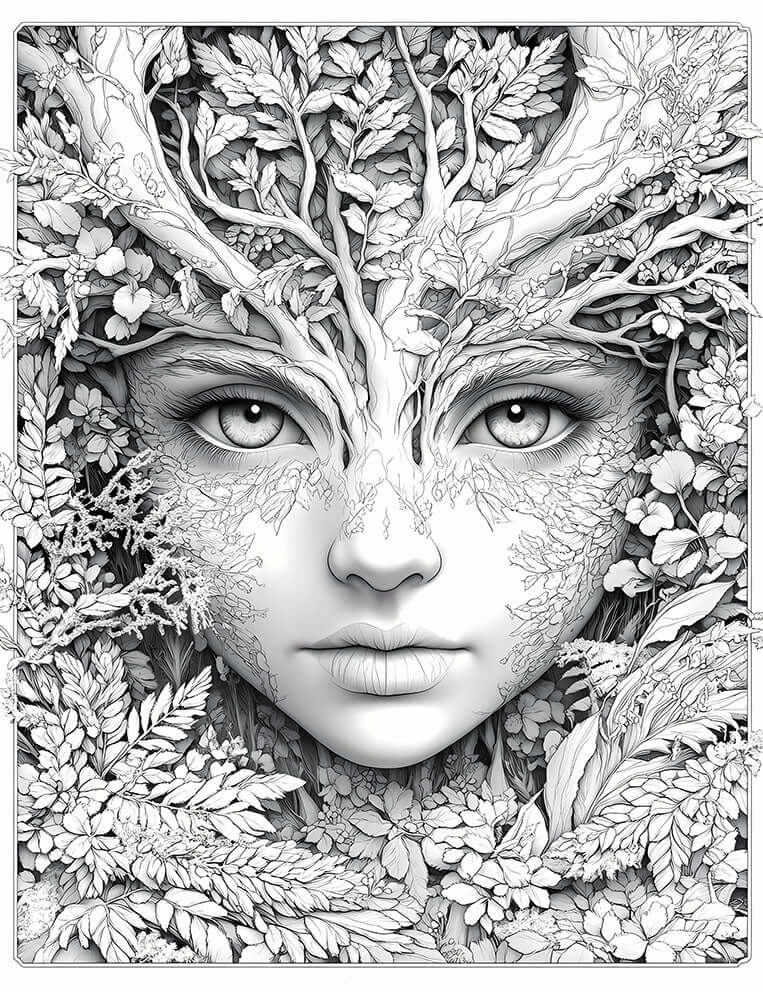 Intricate line art coloring page of an Arboreal Nymph, a nature spirit with a serene woman's face crowned with tree branches, delicate leaf patterns on her skin, surrounded by a lush tapestry of diverse foliage and flowers, for adult fantasy coloring.