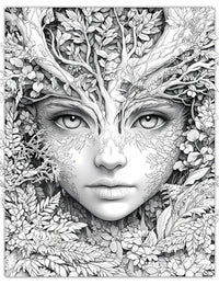 Intricate line art coloring page of an Arboreal Nymph, a nature spirit with a serene woman's face crowned with tree branches, delicate leaf patterns on her skin, surrounded by a lush tapestry of diverse foliage and flowers, for adult fantasy coloring.