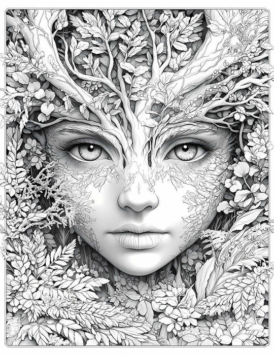 Intricate line art coloring page of an Arboreal Nymph, a nature spirit with a serene woman's face crowned with tree branches, delicate leaf patterns on her skin, surrounded by a lush tapestry of diverse foliage and flowers, for adult fantasy coloring.