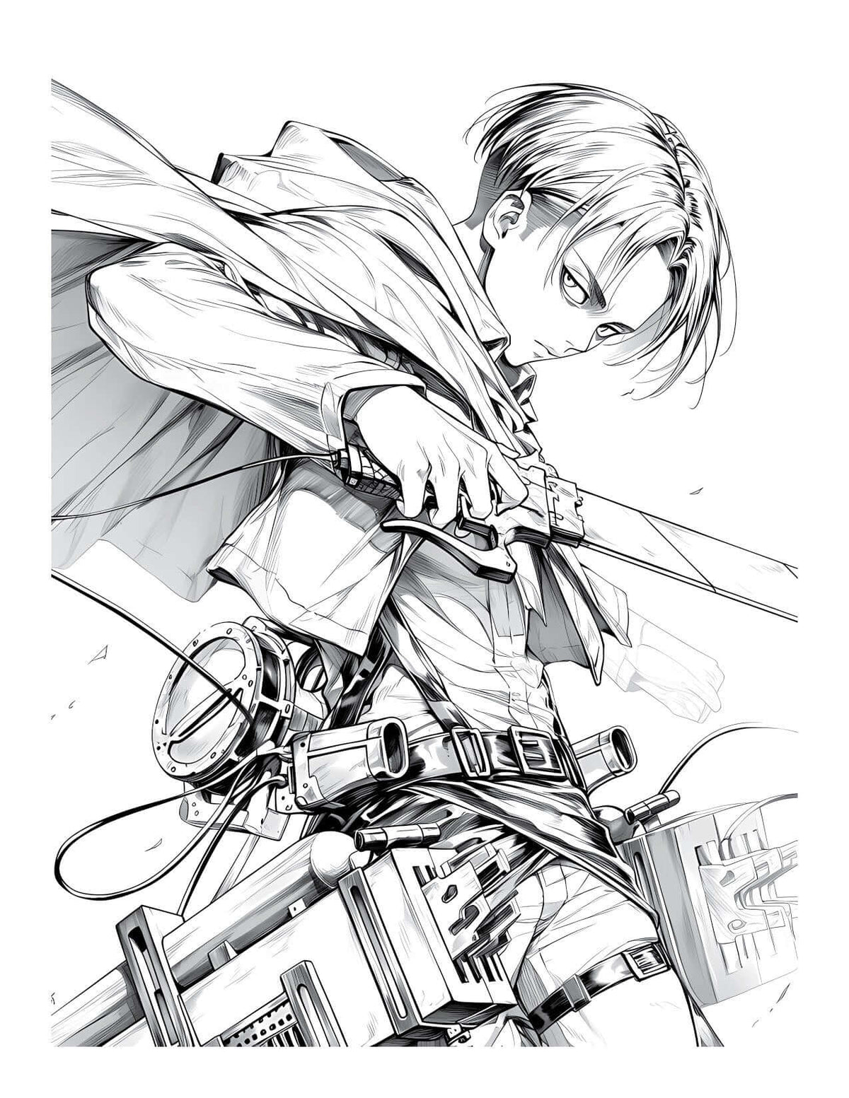 Intricate Levi Ackerman Attack on Titan coloring page with ODM gear in dynamic action pose, digital download line art from Anime Chronicles Vol 14.