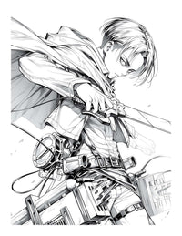 Intricate Levi Ackerman Attack on Titan coloring page with ODM gear in dynamic action pose, digital download line art from Anime Chronicles Vol 14.