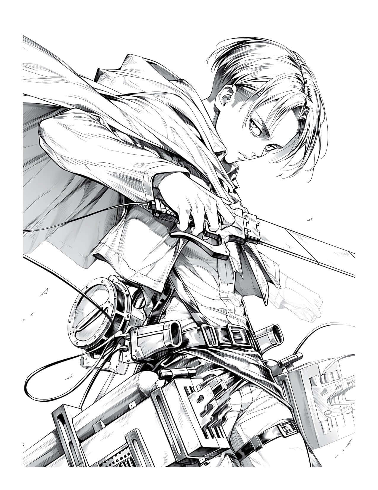Intricate Levi Ackerman Attack on Titan coloring page with ODM gear in dynamic action pose, digital download line art from Anime Chronicles Vol 14.