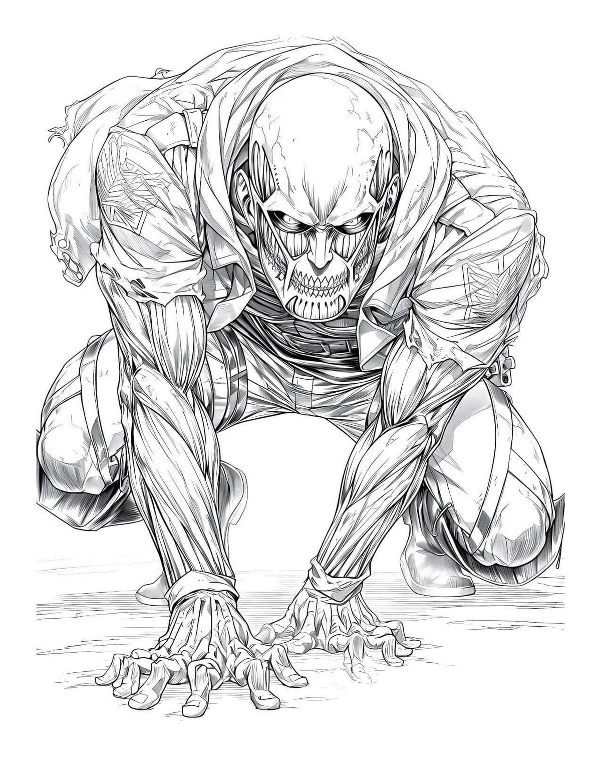 Menacing Colossal Titan Attack on Titan coloring page in a powerful crouching pose, detailed line art for digital download, Anime Chronicles Vol 14.
