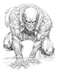 Menacing Colossal Titan Attack on Titan coloring page in a powerful crouching pose, detailed line art for digital download, Anime Chronicles Vol 14.