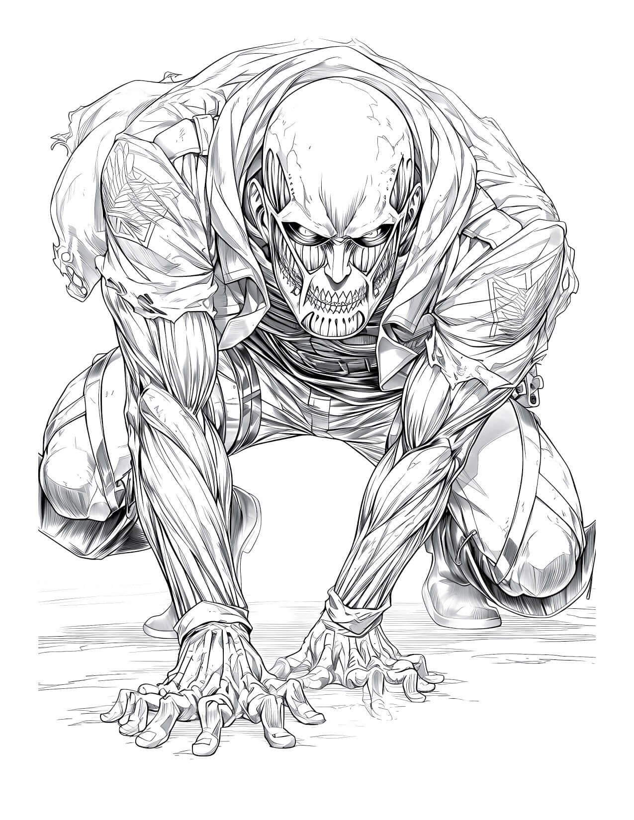 Menacing Colossal Titan Attack on Titan coloring page in a powerful crouching pose, detailed line art for digital download, Anime Chronicles Vol 14.