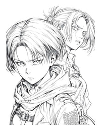 Attack on Titan coloring page featuring Levi Ackerman and Annie Leonhart character portrait, detailed Survey Corps line art for digital download from Anime Chronicles Vol 14.