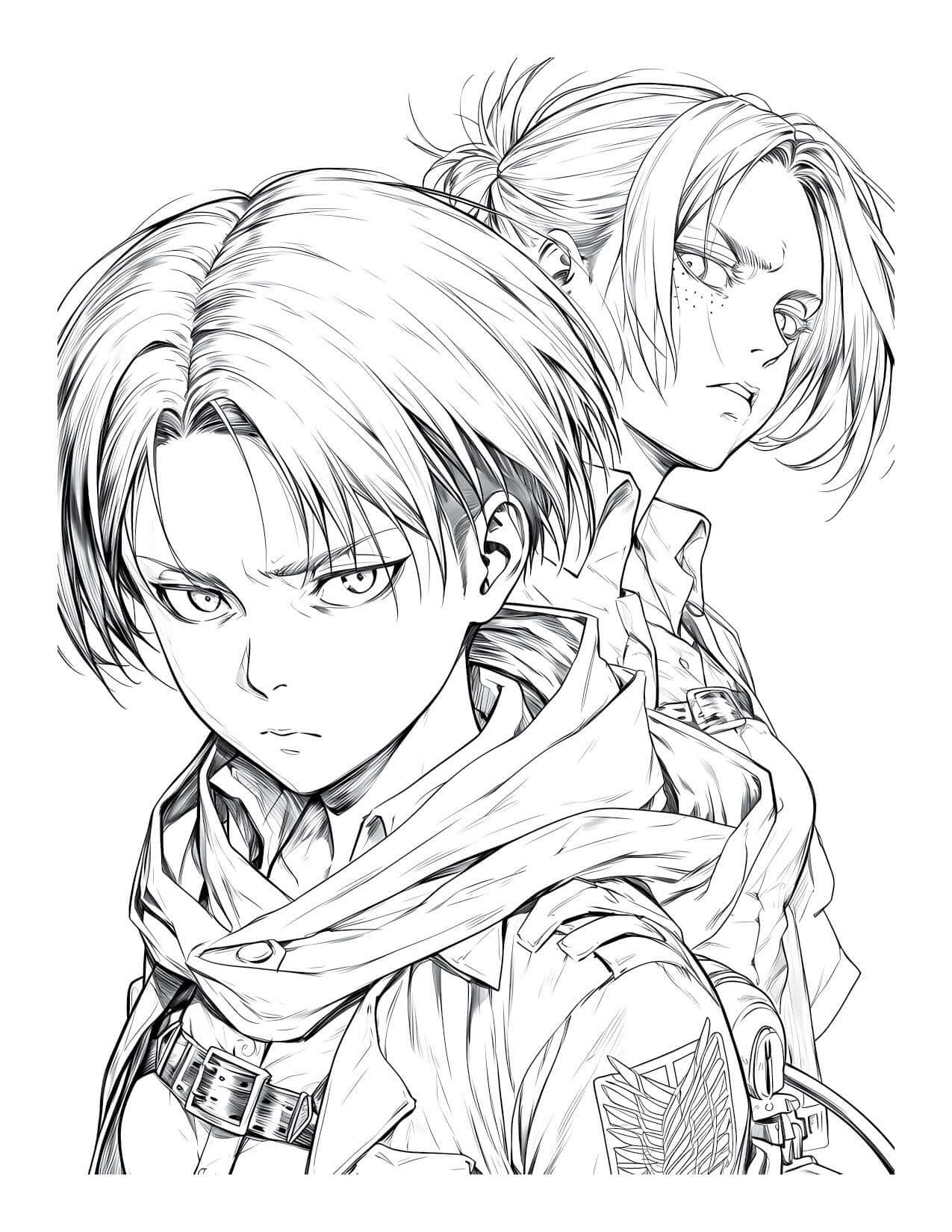 Attack on Titan coloring page featuring Levi Ackerman and Annie Leonhart character portrait, detailed Survey Corps line art for digital download from Anime Chronicles Vol 14.