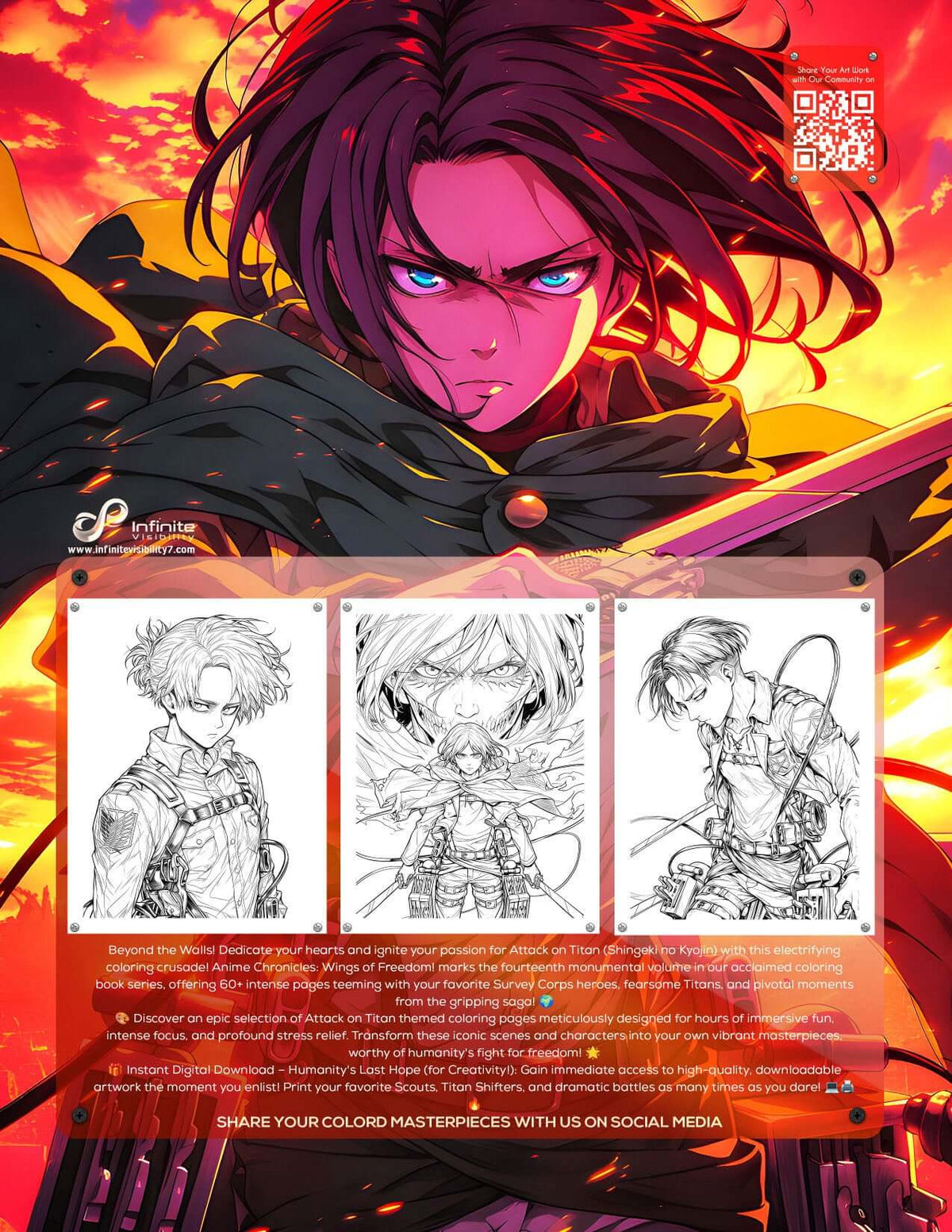 Epic cover art for Anime Chronicles Attack on Titan Coloring Book Volume 14 featuring Eren Yeager battling the Colossal Titan, digital download for anime coloring.