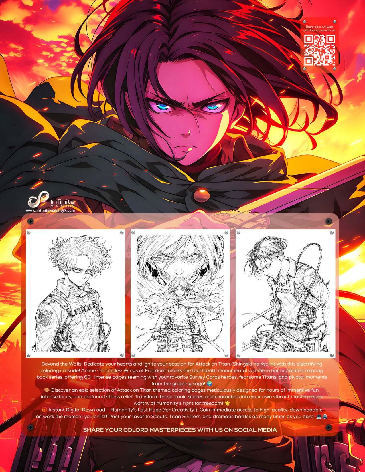 Epic cover art for Anime Chronicles Attack on Titan Coloring Book Volume 14 featuring Eren Yeager battling the Colossal Titan, digital download for anime coloring.