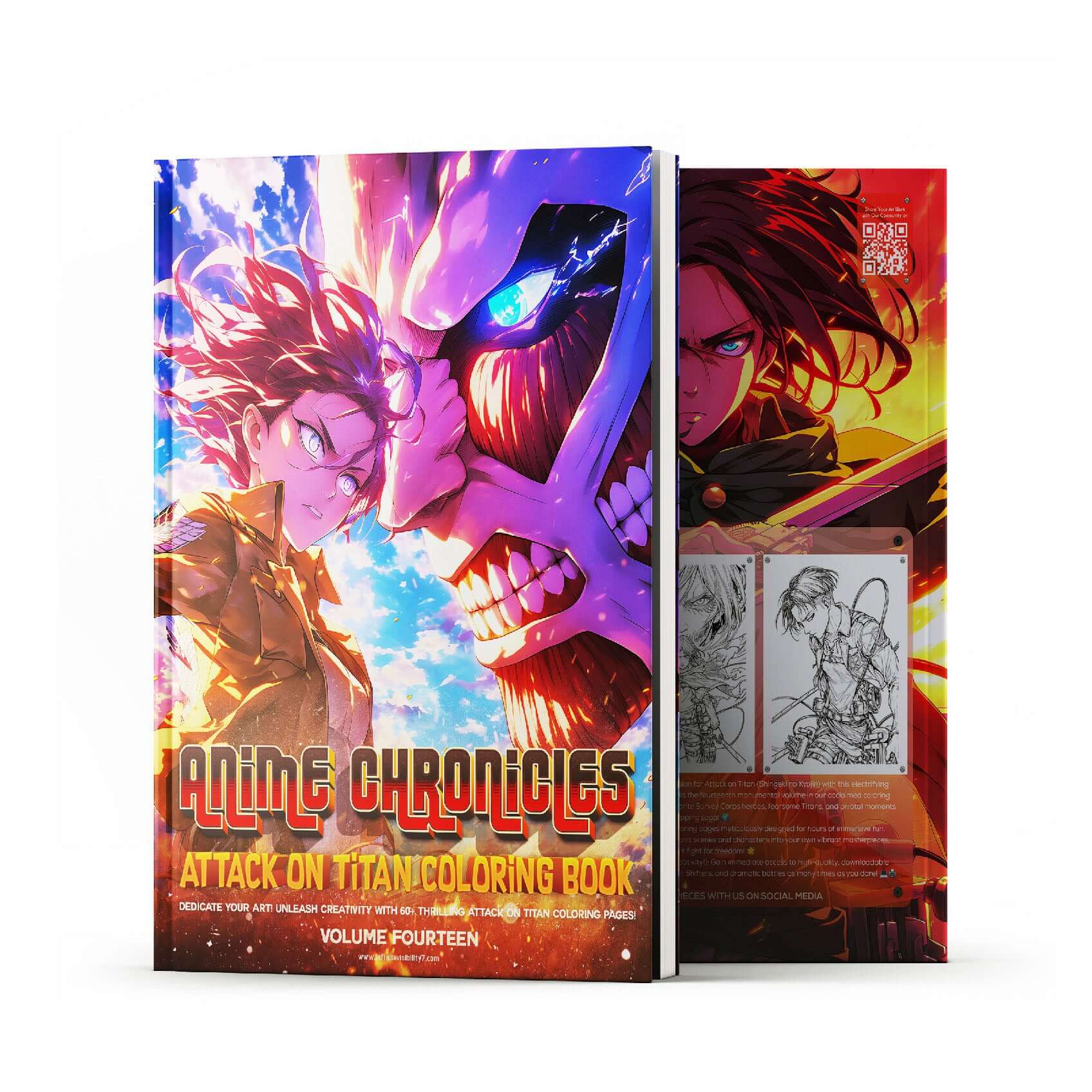 Cover of Anime Chronicles Attack on Titan Coloring Book Vol 14 featuring Mikasa Ackerman and sample interior line art pages (Levi, Eren, Titan), Infinite Visibility digital download.