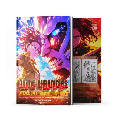 Cover of Anime Chronicles Attack on Titan Coloring Book Vol 14 featuring Mikasa Ackerman and sample interior line art pages (Levi, Eren, Titan), Infinite Visibility digital download.
