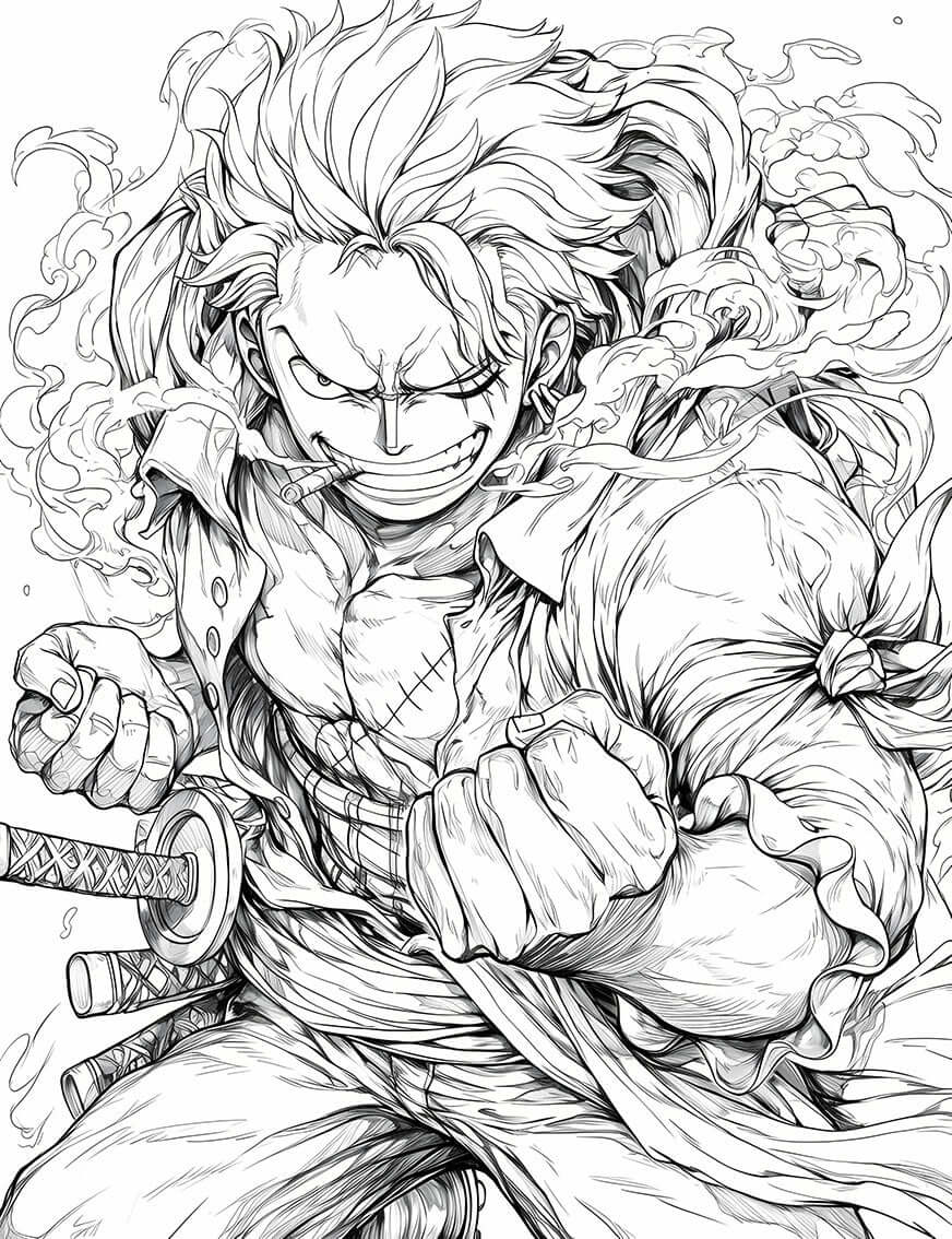 Roronoa Zoro coloring page featuring intense expression and dynamic pose, perfect for One Piece fans to print and color.