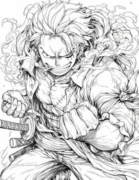 Roronoa Zoro coloring page featuring intense expression and dynamic pose, perfect for One Piece fans to print and color.