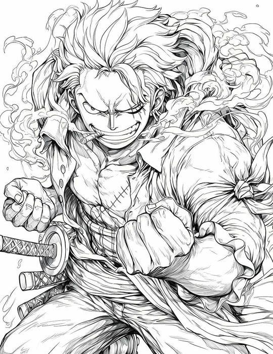 Roronoa Zoro coloring page featuring intense expression and dynamic pose, perfect for One Piece fans to print and color.