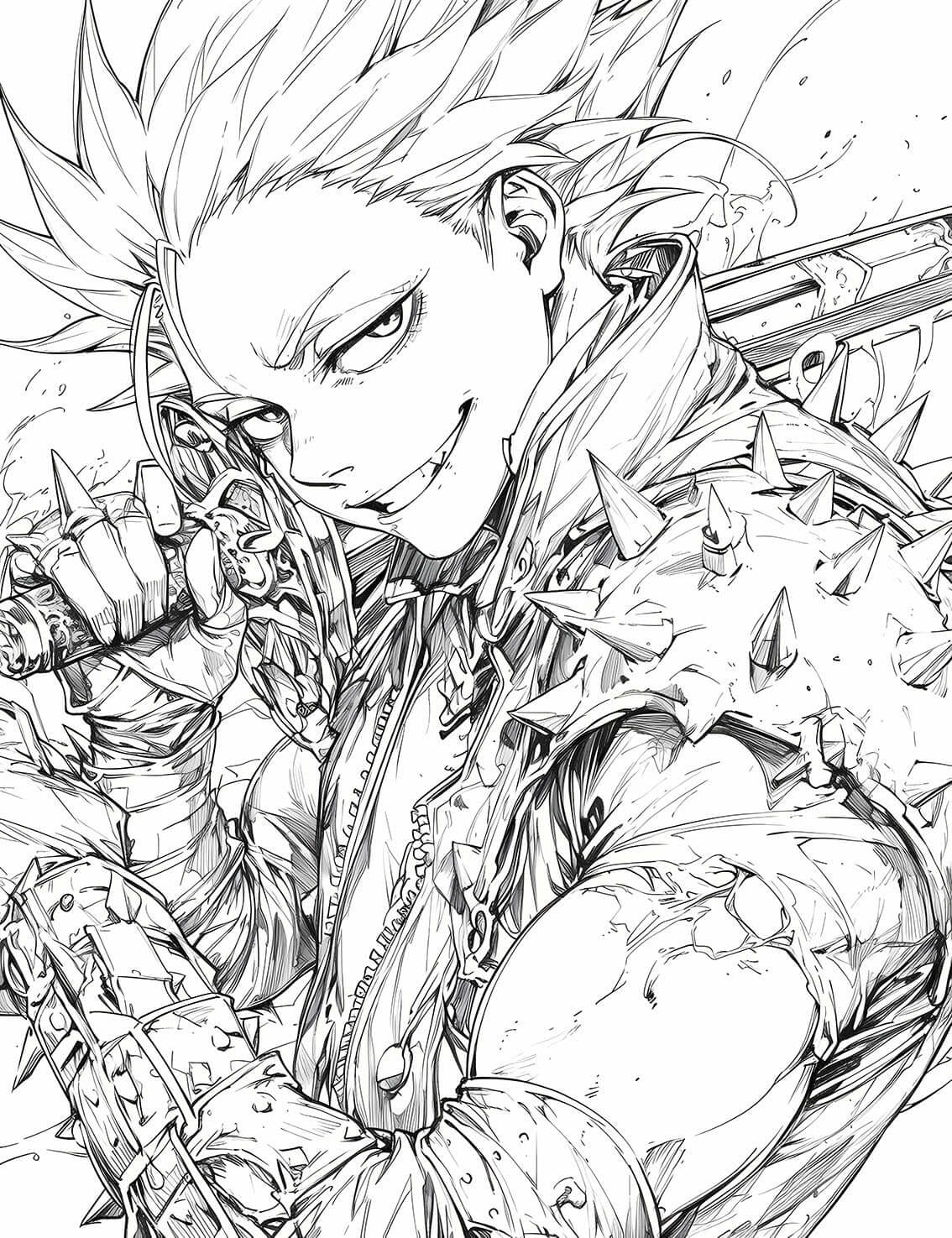 High-quality line art anime coloring page of Ban from The Seven Deadly Sins, featuring his spiky hair, iconic red leather jacket with studs, and confident smirk, in a dynamic manga style.