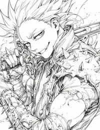 High-quality line art anime coloring page of Ban from The Seven Deadly Sins, featuring his spiky hair, iconic red leather jacket with studs, and confident smirk, in a dynamic manga style.