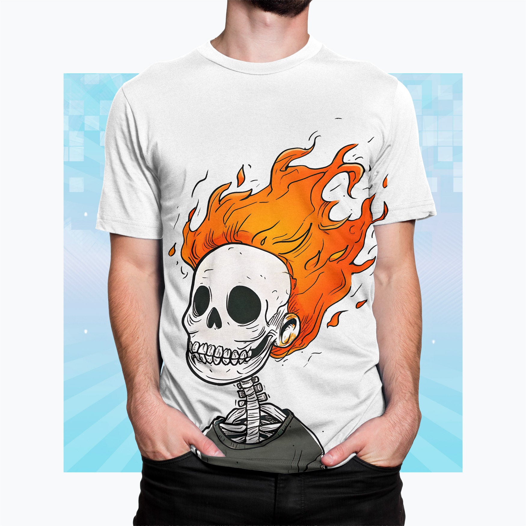 Bone Appetit! Flamed Skull Skeleton Tee - Spooky & Sweet Unisex Cut & Sew Tee (AOP)
