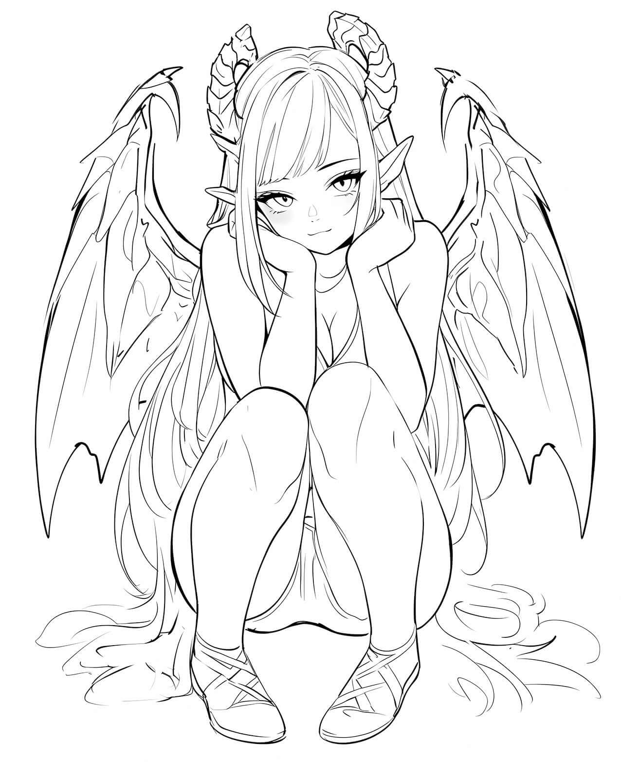 Casual Demon Anime Girl Coloring Page - Infinite Visibility