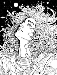 The Celestial Ascension Coloring Page, a dynamic black-and-white illustration of a figure with voluminous, curly hair looking up in rapture towards a starry night sky with planets.