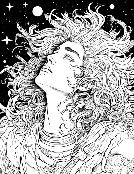 The Celestial Ascension Coloring Page, a dynamic black-and-white illustration of a figure with voluminous, curly hair looking up in rapture towards a starry night sky with planets.
