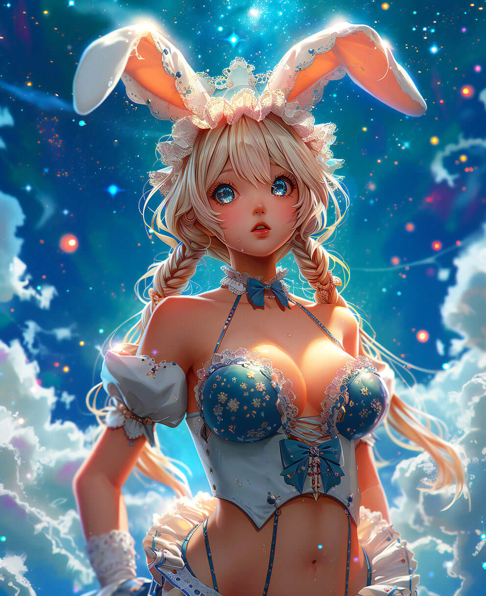 Anime Sky Bunny in a celestial setting with dreamy clouds and stars, perfect for art and wallpaper enthusiasts.