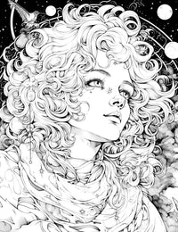 The Celestial Dreamer Coloring Page, a detailed black-and-white illustration of a beautiful person with voluminous curly hair looking up at a starry sky with moons and a bird.