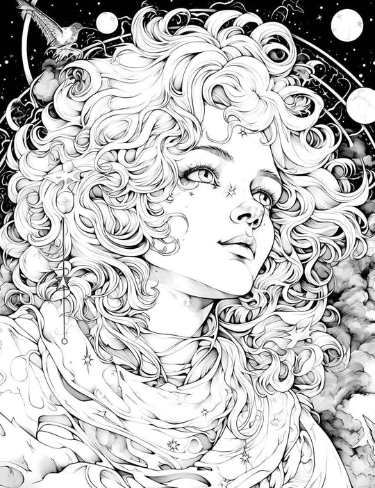 The Celestial Dreamer Coloring Page, a detailed black-and-white illustration of a beautiful person with voluminous curly hair looking up at a starry sky with moons and a bird.
