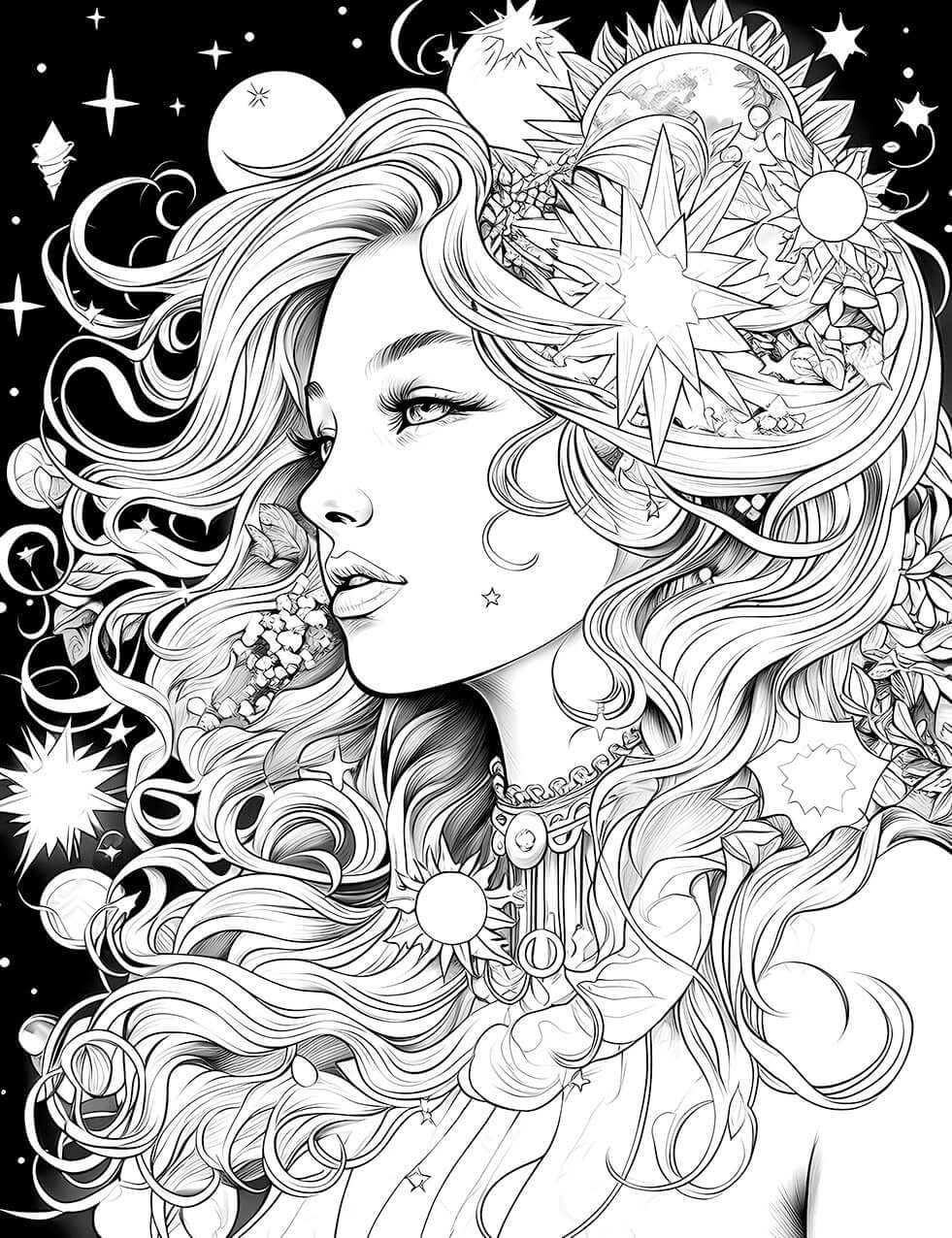 The Celestial Goddess Coloring Page, featuring a beautiful, detailed illustration of a goddess in profile with flowing hair adorned with stars, suns, moons, and planets against a cosmic background. ________________________________________