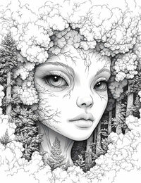 Surreal line art coloring page of a Celestial Grove Nymph with a serene woman's face, cloud-like hair, and neck merging with pine trees, with branch patterns on her skin, for adult fantasy and elemental art coloring.