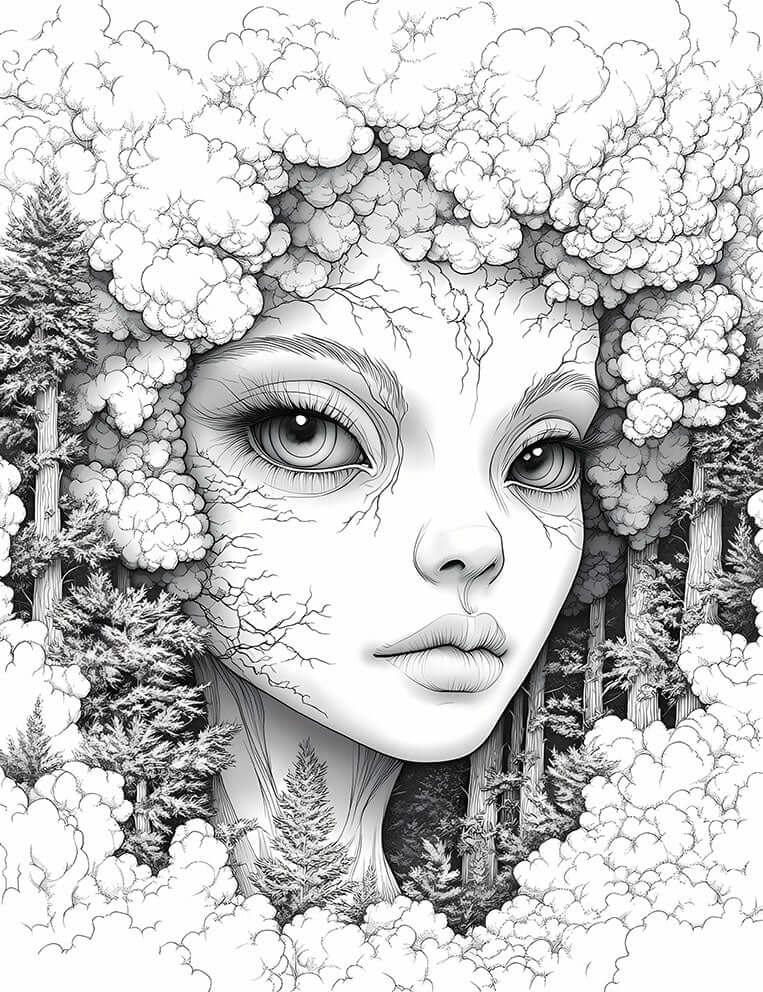 Surreal line art coloring page of a Celestial Grove Nymph with a serene woman's face, cloud-like hair, and neck merging with pine trees, with branch patterns on her skin, for adult fantasy and elemental art coloring.