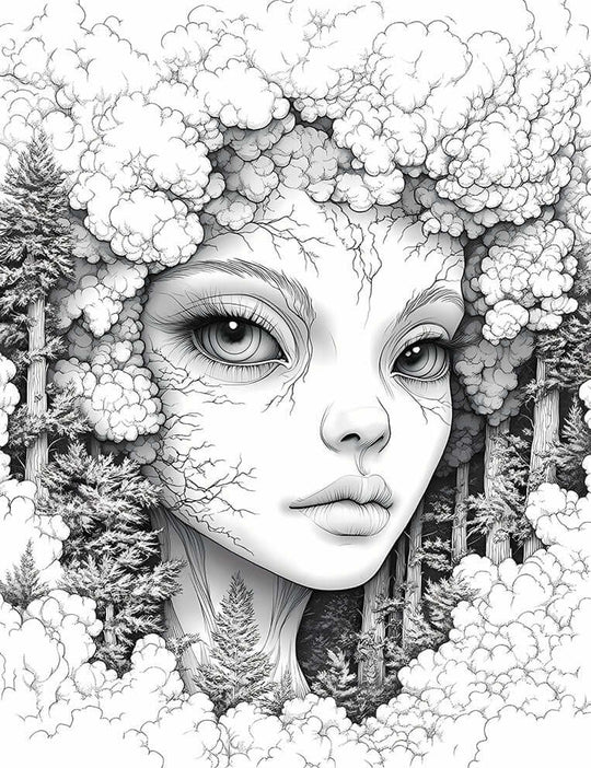 Surreal line art coloring page of a Celestial Grove Nymph with a serene woman's face, cloud-like hair, and neck merging with pine trees, with branch patterns on her skin, for adult fantasy and elemental art coloring.