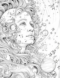 Intricate Celestial Navigator coloring page featuring a fantasy portrait of a woman gazing at the stars.