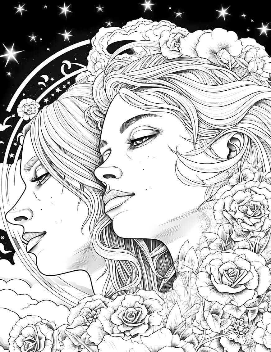 Celestial Reflections coloring page featuring intricate floral portrait of two women for adult creativity and mindfulness.