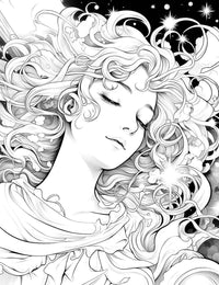 The Celestial Slumber Coloring Page featuring a beautiful, serene woman with eyes closed, her flowing, curly hair filled with stars and cosmic clouds, perfect for a relaxing and mindful coloring experience.