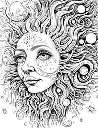 The Celestial Sun Coloring Page, a detailed black-and-white illustration of a personified sun with a beautiful face and a wild mane of cosmic hair filled with stars and planets.