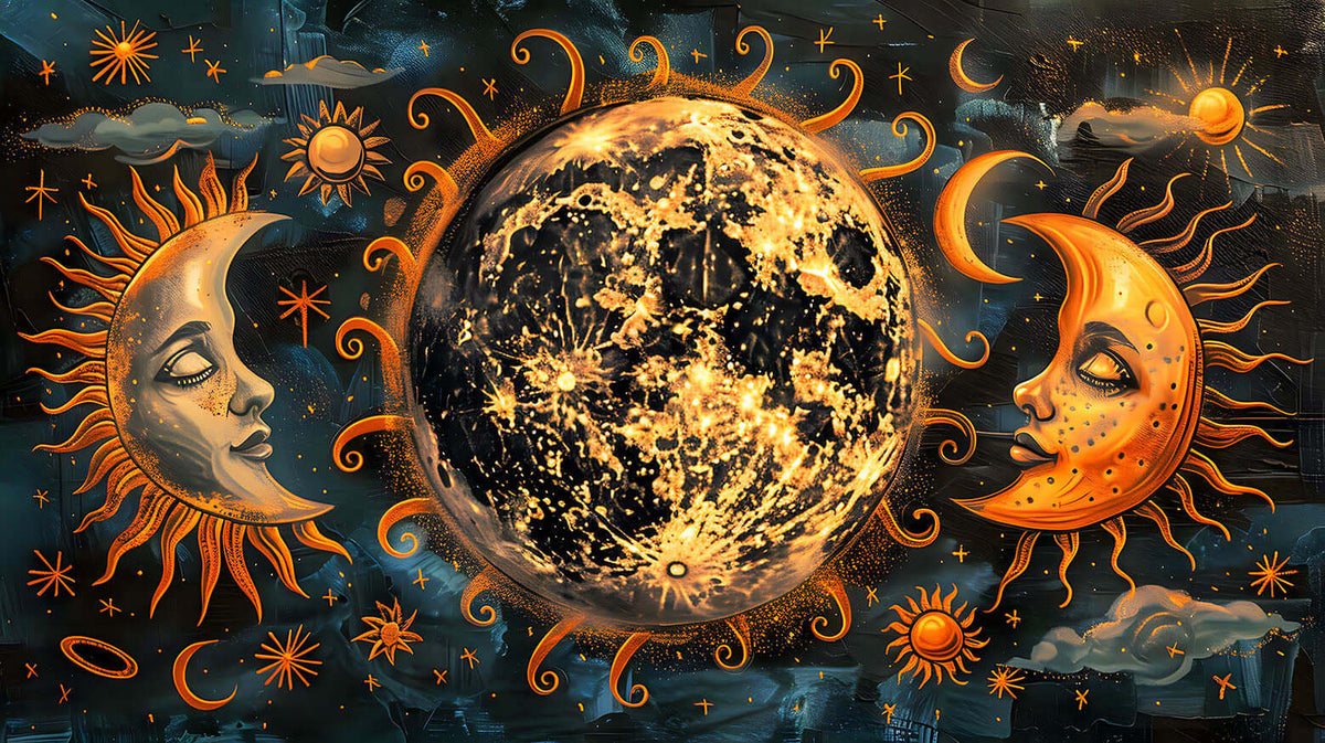 Celestial Wall Art in a vintage painterly style, featuring a central full moon flanked by two crescent sun/moon faces against a starry sky.