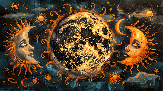 Celestial Wall Art in a vintage painterly style, featuring a central full moon flanked by two crescent sun/moon faces against a starry sky.