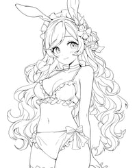 Adorable anime bunny girl waifu with long wavy hair, flowers in her hair, bunny ears, wearing a frilly bikini with bows, smiling sweetly – coloring page digital download.
