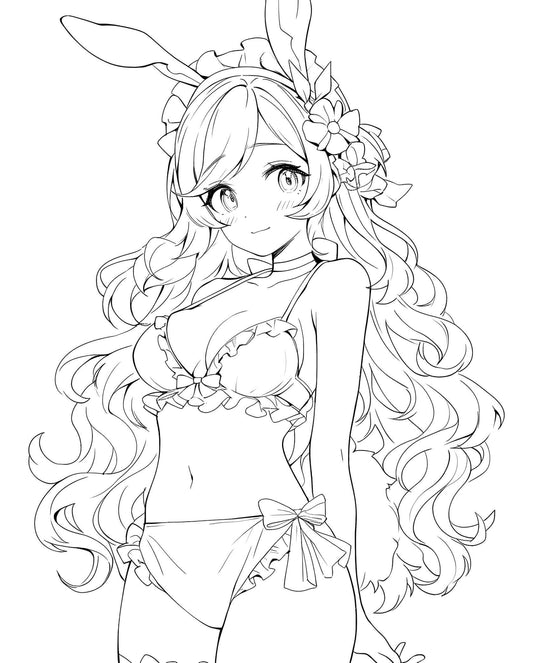 Adorable anime bunny girl waifu with long wavy hair, flowers in her hair, bunny ears, wearing a frilly bikini with bows, smiling sweetly – coloring page digital download.