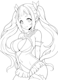 Charming anime elf waifu girl with long pigtails and leaf hair accessories, wearing a detailed fantasy corset top, frilly skirt, and thigh-high stockings, blushing and smiling sweetly – coloring page digital download.