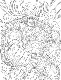 Chopper One Piece Coloring Page Monster Point printable PDF high resolution line art Straw Hat doctor towering beast form huge antlers X-marked hat fierce snarl massive fists fur