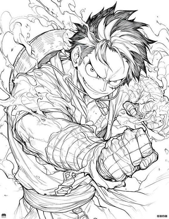 one piece coloring page luffy battle cry illustration, Luffy with explosive battle stance, ready to unleash power.