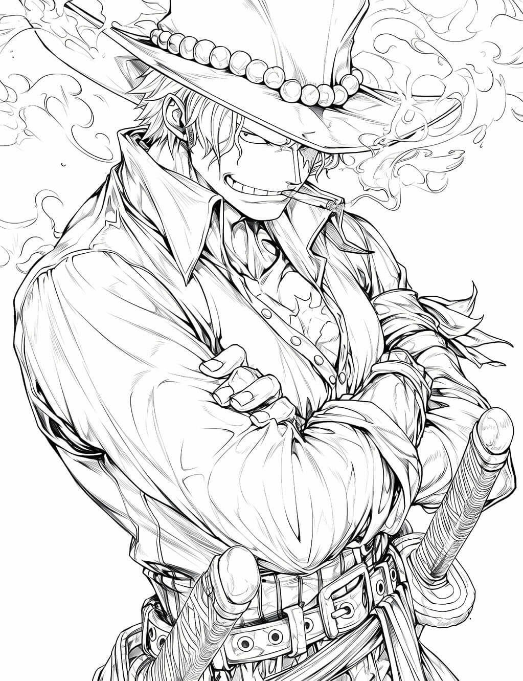 Detailed coloring page of Shanks, the iconic pirate captain from One Piece, featuring intricate line art.